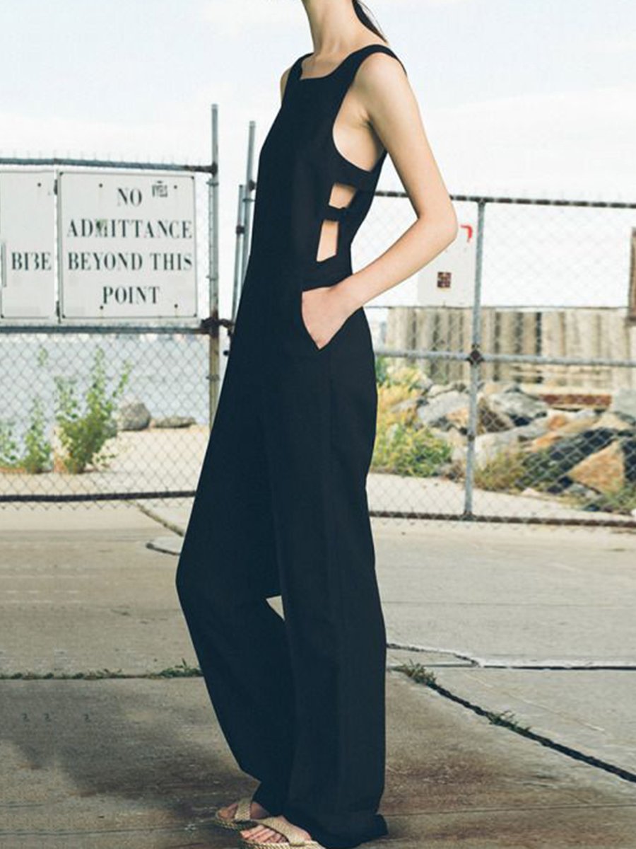 Casual Loose Solid Color Sleeveless Cutout Jumpsuit