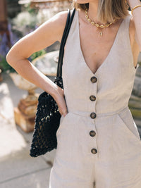 Deep V-Neck Button Linen Jumpsuit