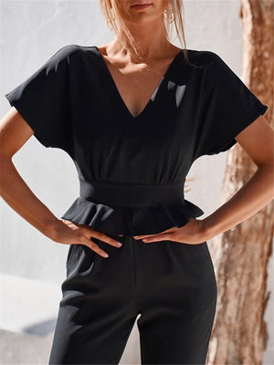 Solid Color Simple V Neck Jumpsuits