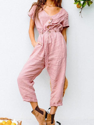 Button V Neck Short Sleeve Jumpsuit