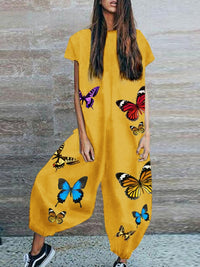 Short Sleeve Butterfly Print Jumpsuit