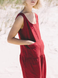 Solid Color Linen Jumpsuit with Pockets