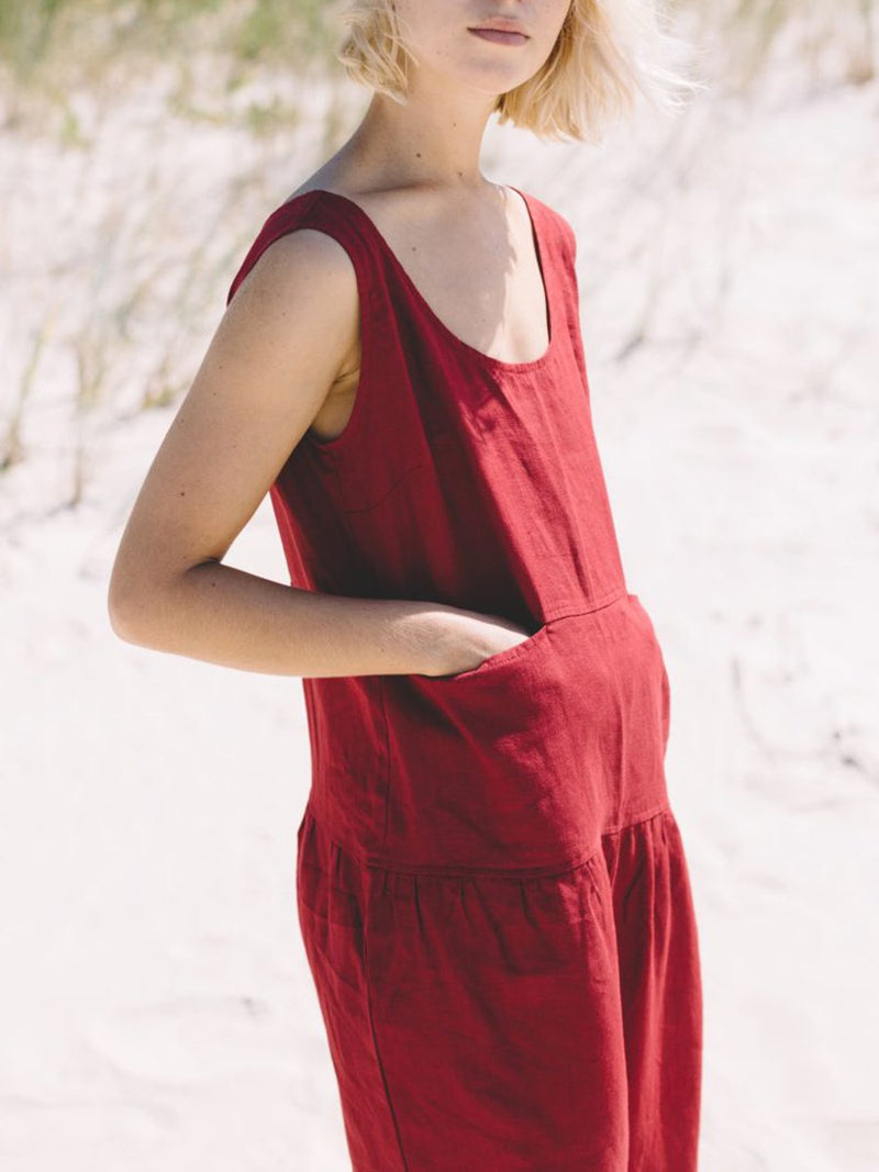 Solid Color Linen Jumpsuit with Pockets