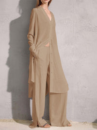 Stylish V-Neck Long Sleeve Long Loose Shirt With Wide Loose Fork Trousers Women'S Suit