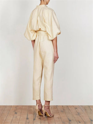 Elegant Solid Color Pocket Collar Jumpsuits