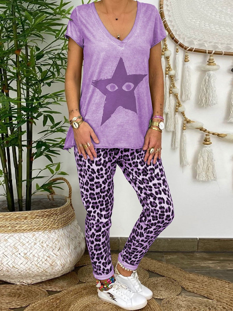 Simple Casual Loose Top Leopard Pants Set