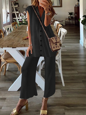 Casual Loose Solid Color V-neck Two-piece Suit