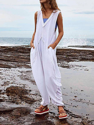 Women Casual V-neck Sleeveless Overalls Jumpsuit