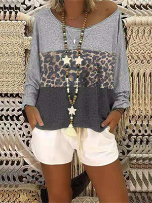 Women's Leopard Print Long Sleeve T-Shirt And Solid Color Shorts Set