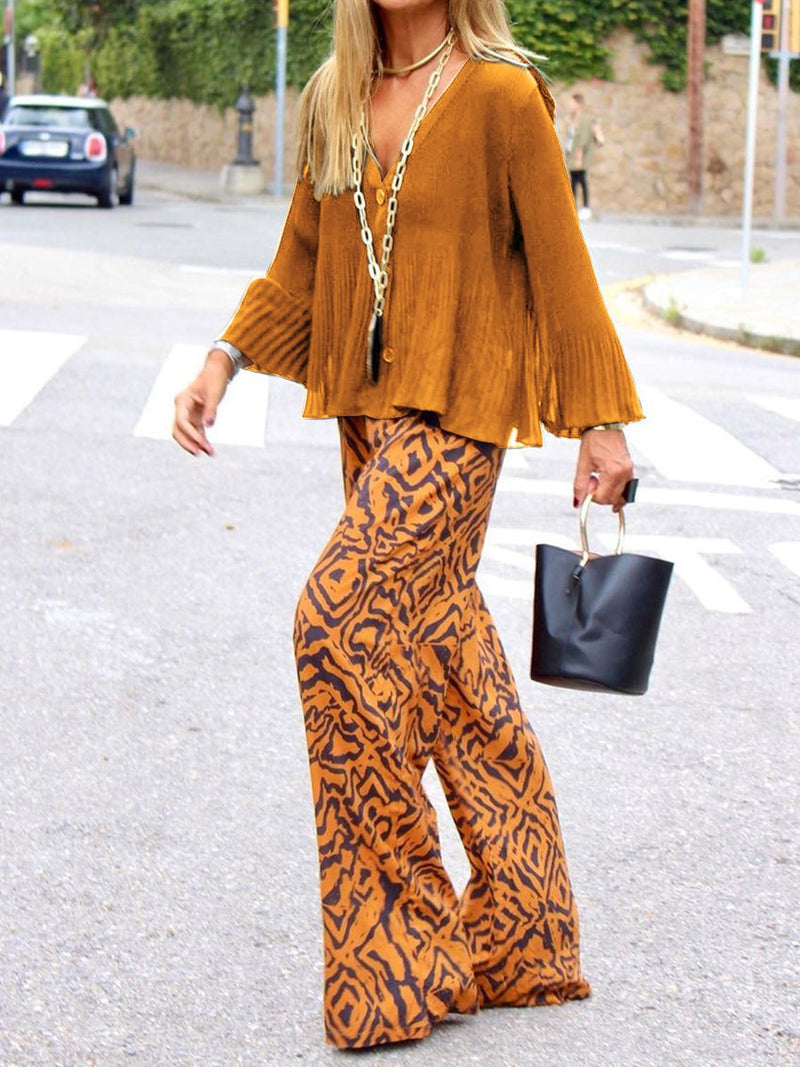 Fashion V Neck Loose Top Pants Suit