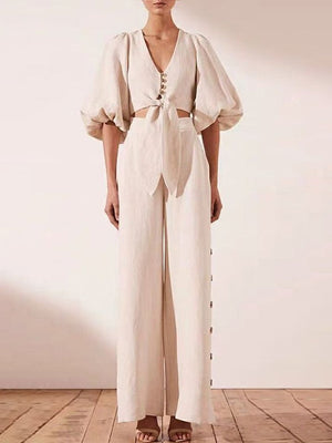 Women's Fashion Lantern Sleeve Waist Wide Leg Jumpsuit