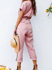 Button V Neck Short Sleeve Jumpsuit